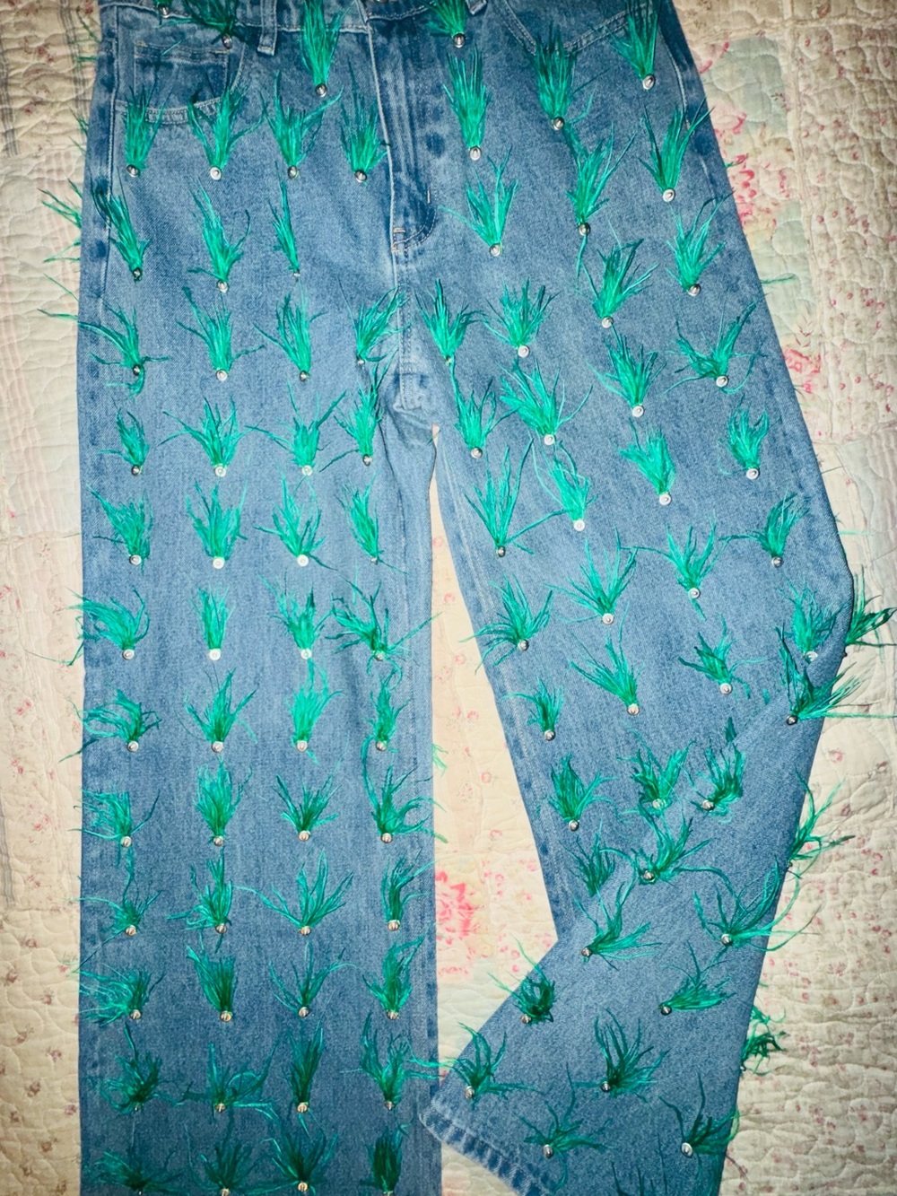 Finesse - Embellished Denim Jeans with Green Feather Accents